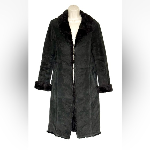 Express Y2K Black Embroidered Suede Leather Faux Shearling Coat Sz M Penny Lane - Picture 1 of 16